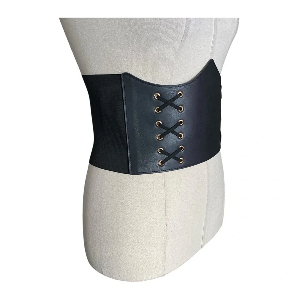 Black faux leather lace-up corset high waisted belt with an elastic panel